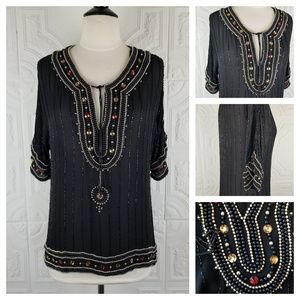 Anthro What Goes Around Black Silk Beaded Top